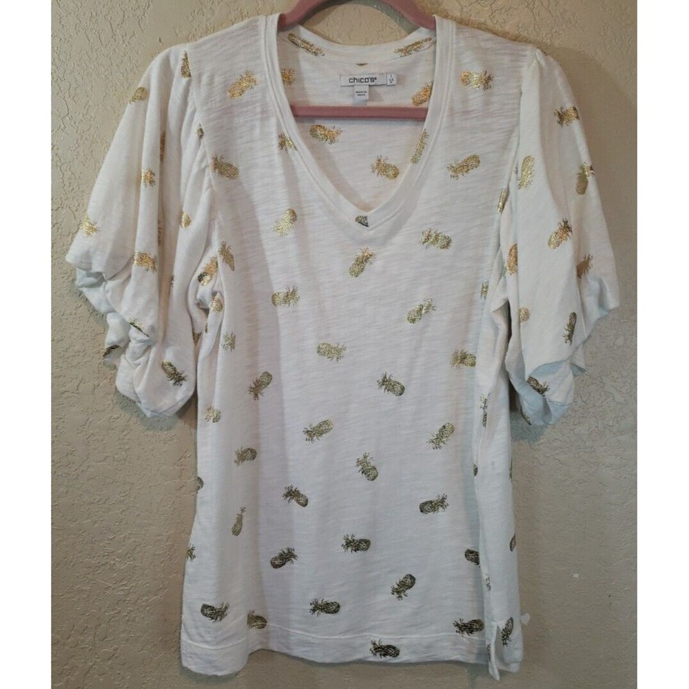 Chicos Pineapple Puff Sleeve V-Neck Blouse Top White Metallic Gold Sz Medium